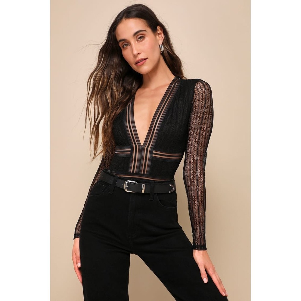 Lulus Casita Black Sheer Lace Long Sleeve Bodysuit Plunging Neckline Size L